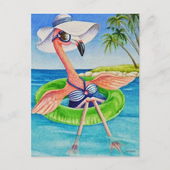 Whimsical Pink Flamingo No. 3 Watercolor Art Postcard (Front)