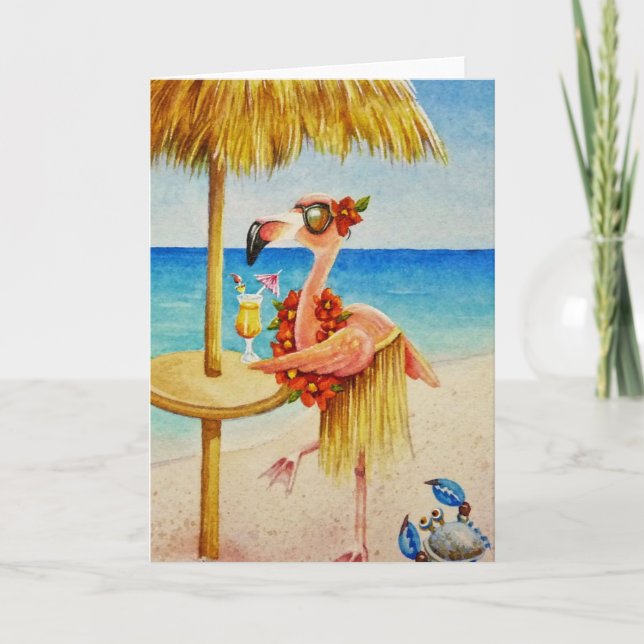 Whimsical Pink Flamingo No. 4 Watercolor Art Card (Front)