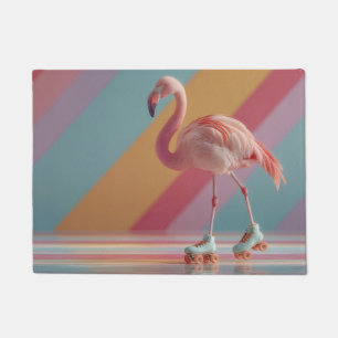 Whimsical Pink Flamingo on Roller Skates Doormat