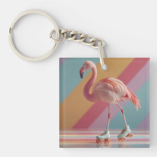 Whimsical Pink Flamingo on Roller Skates Key Ring (Front)