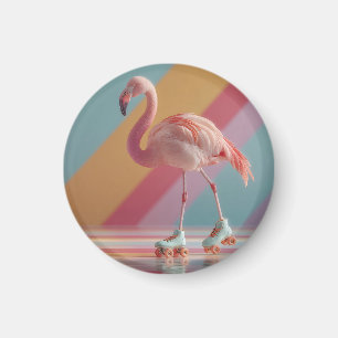 Whimsical Pink Flamingo on Roller Skates Magnet