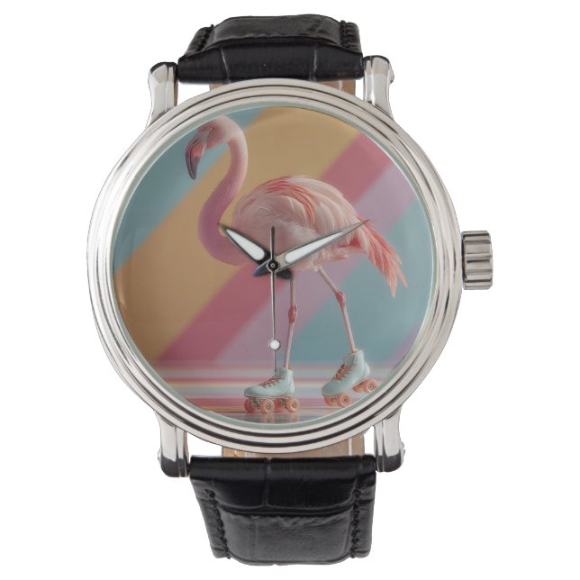 Whimsical Pink Flamingo on Roller Skates Watch (Front)