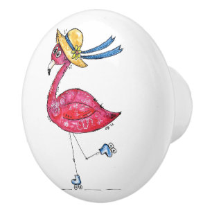 Whimsical Pink Flamingo on Skates Ceramic Knob