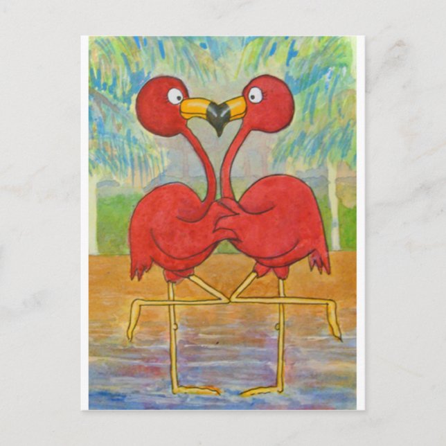 Whimsical Pink Flamingo Pair on Beach Island Art Postcard (Front)