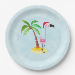 Whimsical Pink Flamingo Tropical Christmas Paper Plate
