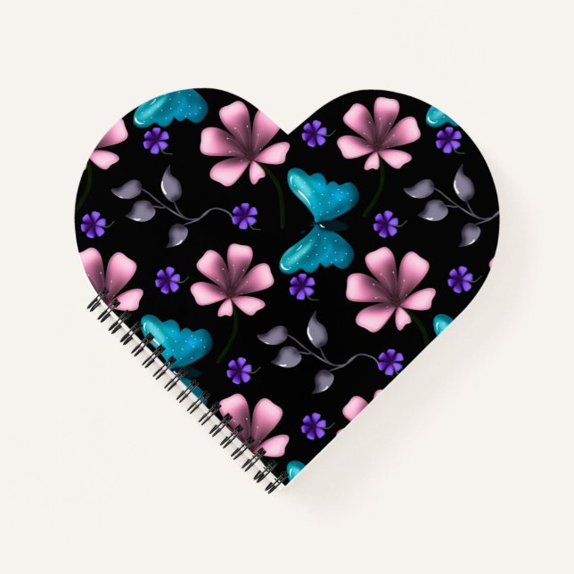 Whimsical Pink Floral and Blue Butterfly Seamless  Notebook (Front)