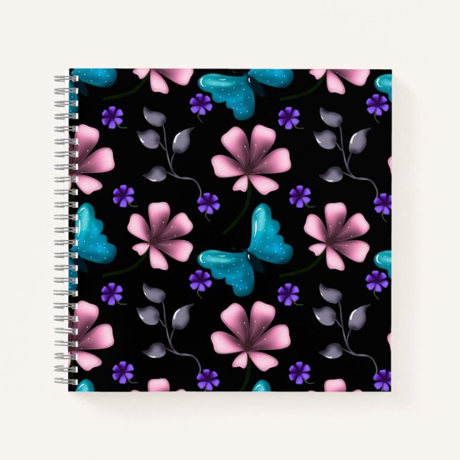 Whimsical Pink Floral and Blue Butterfly Seamless  Notebook (Front)
