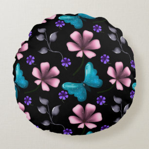 Whimsical Pink Floral and Blue Butterfly Seamless Round Cushion
