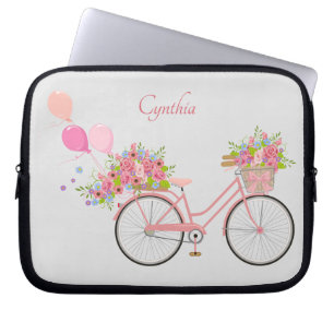 Whimsical Pink Floral Bike Personalised Laptop Sleeve