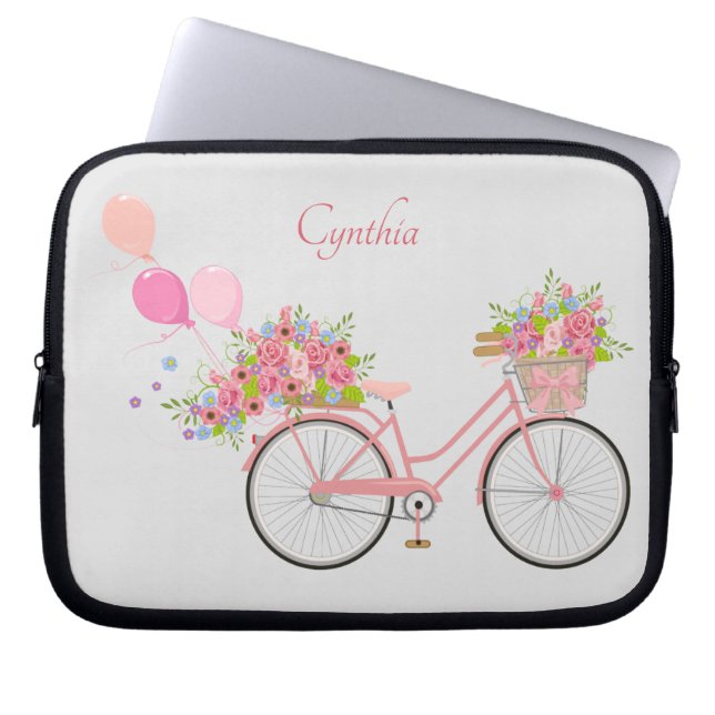 Whimsical Pink Floral Bike Personalised Laptop Sleeve (Front)