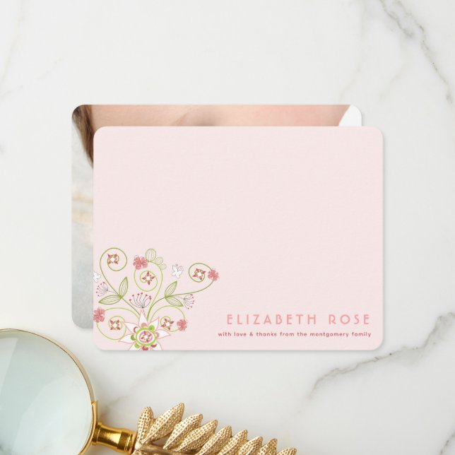 Whimsical Pink Floral Blooms Chic New Baby Girl Thank You Card (Front/Back In Situ)