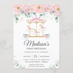 Whimsical Pink Floral Carousel 1st Birthday Party Invitation