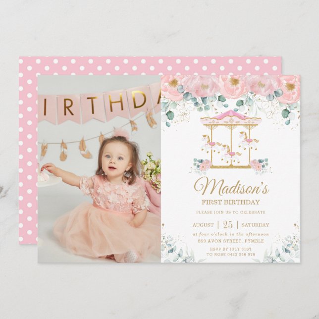 Whimsical Pink Floral Carousel 1st Birthday Photo Invitation (Front/Back)