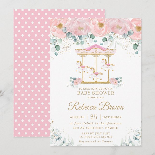 Whimsical Pink Floral Carousel Girl Baby Shower Invitation (Front/Back)