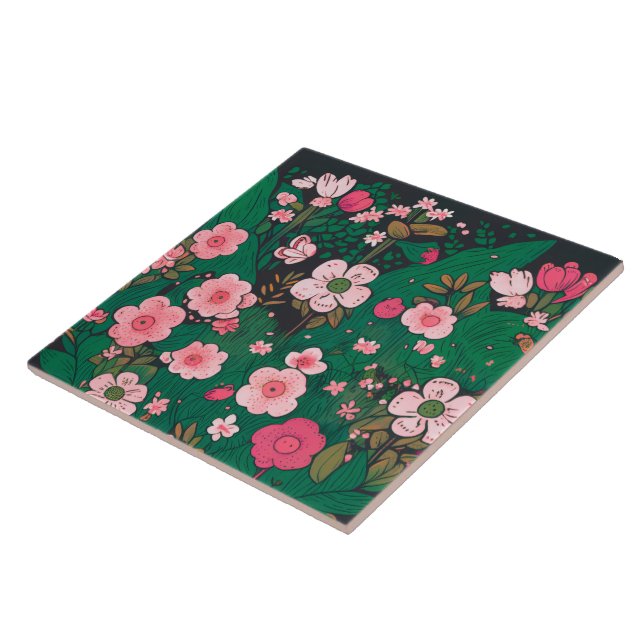 Whimsical Pink Floral Ceramic Tile (Side)