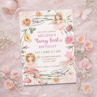 Whimsical Pink Floral Fairy First Garden Birthday  Invitation