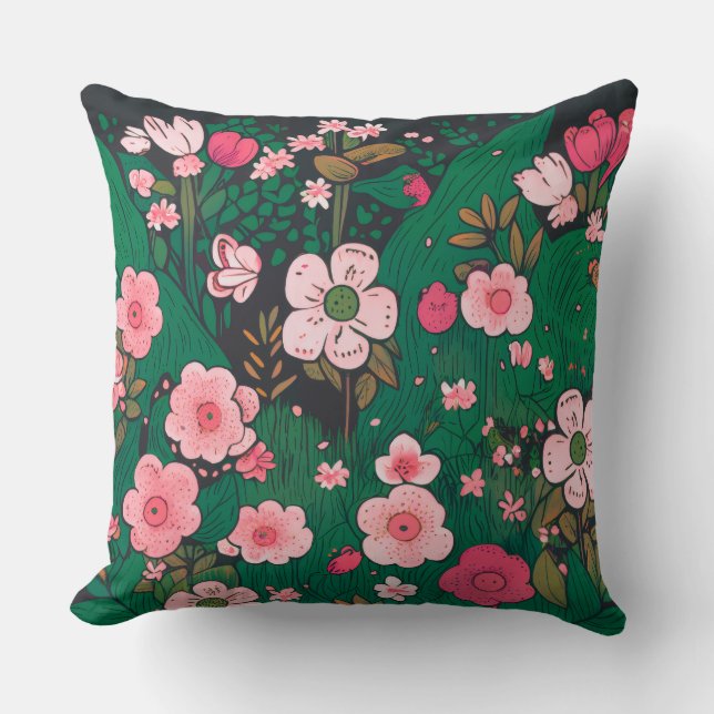 Whimsical Pink Floral Garden Throw Pillow (Front)