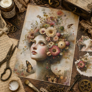 Whimsical Pink Floral Maiden, Antique Decoupage Tissue Paper
