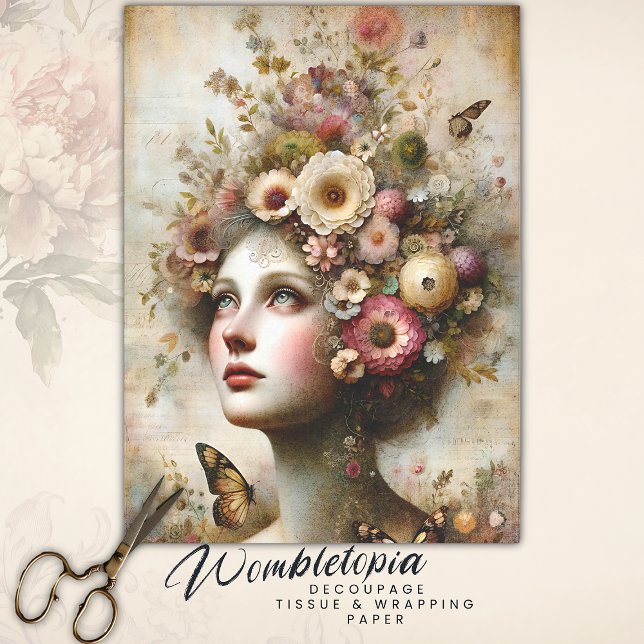 Whimsical Pink Floral Maiden, Antique Decoupage  Tissue Paper (Creator Uploaded)