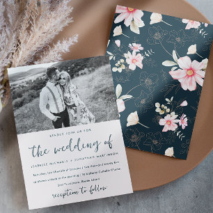 Whimsical Pink Floral Photo Wedding Blue Invitation