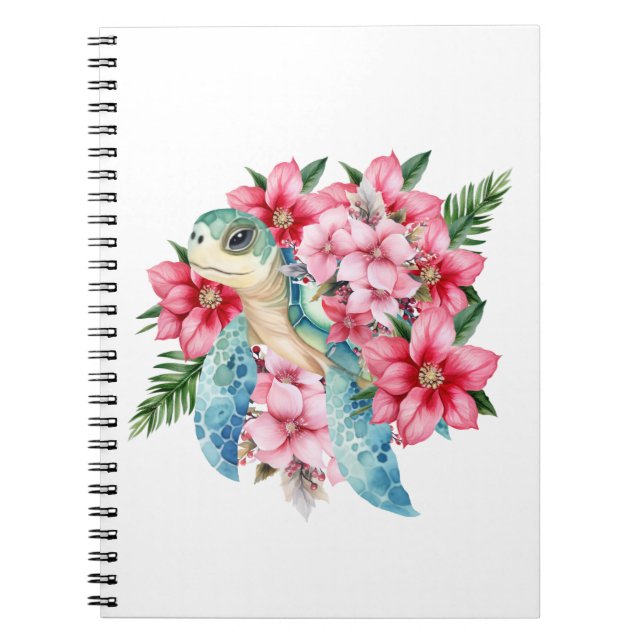 Whimsical Pink Floral Sea Turtle  Notebook (Front)