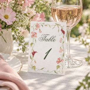 Whimsical Pink Floral Vine Bow Garden Wedding Table Number