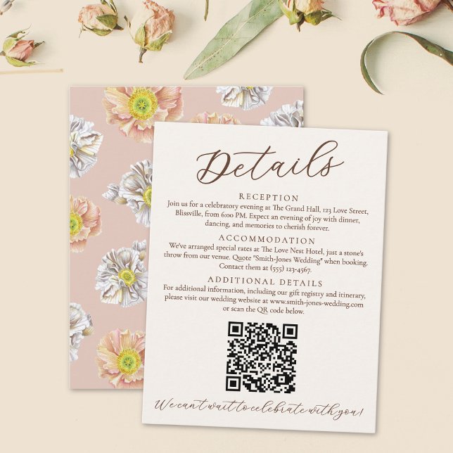 Whimsical Pink Floral Wedding Details and QR Code Enclosure Card (Pink watercolor floral wedding details card with QR Code.)
