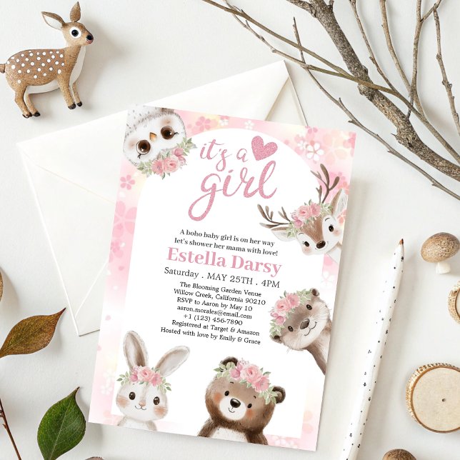Whimsical Pink floral Woodland Girl Baby Shower Invitation (Creator Uploaded)