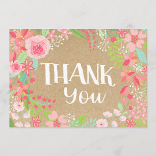 Whimsical Pink Floral Wreath Kraft Paper Thank You Card