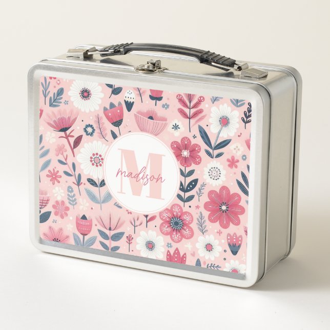 Whimsical Pink Flowers Metal Lunchbox (Front)