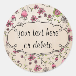 whimsical pink flowers on beige classic round sticker