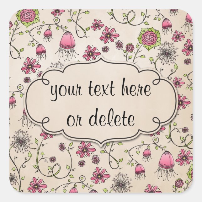 whimsical pink flowers on beige square sticker (Front)