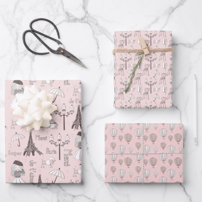 Whimsical Pink French Wrapping Paper Sheet (Front)