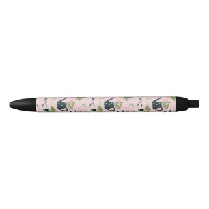 Whimsical Pink Gardening Printed Pattern Black Ink Pen