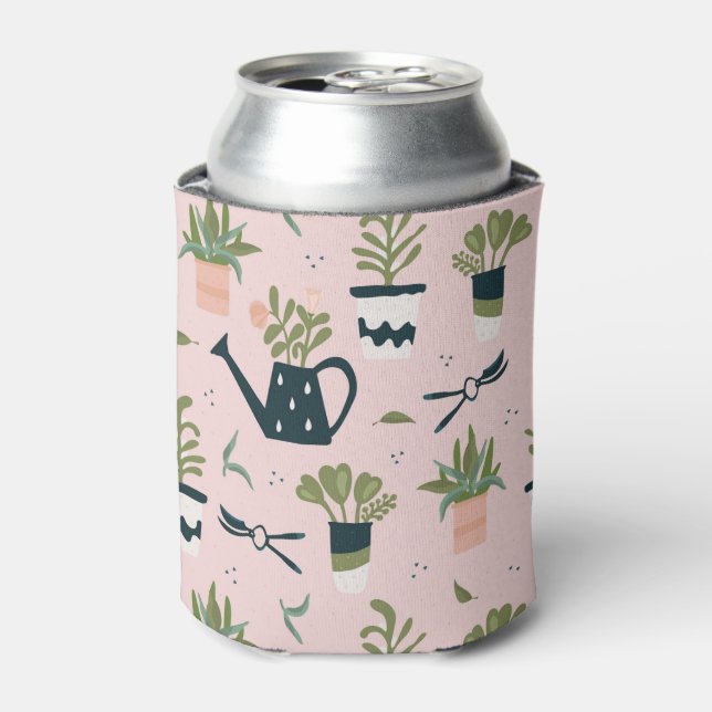 Whimsical Pink Gardening Printed Pattern Can Cooler (Can Front)