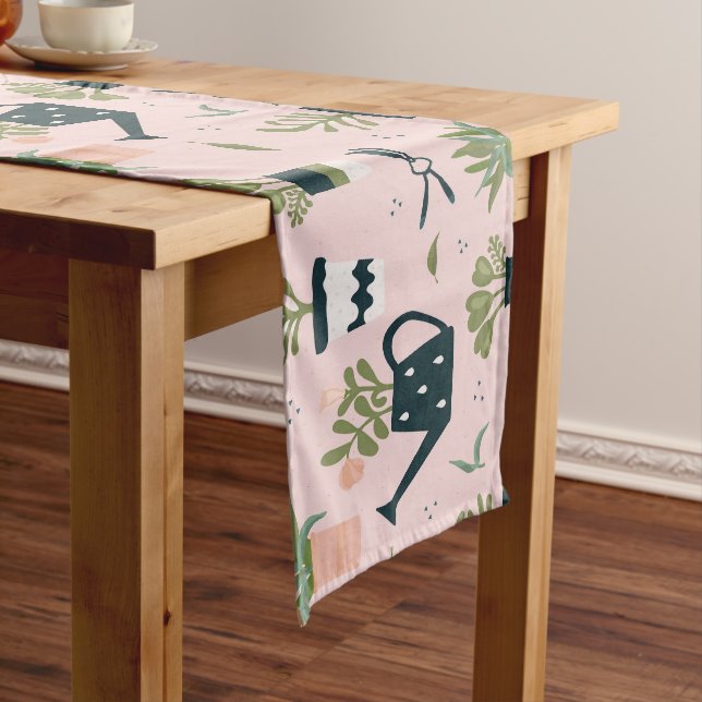 Whimsical Pink Gardening Printed Pattern Long Table Runner (In Situ)