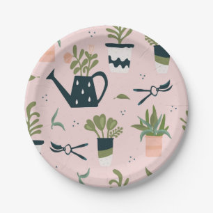 Whimsical Pink Gardening Printed Pattern Paper Plate