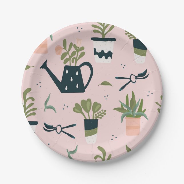 Whimsical Pink Gardening Printed Pattern Paper Plate (Front)