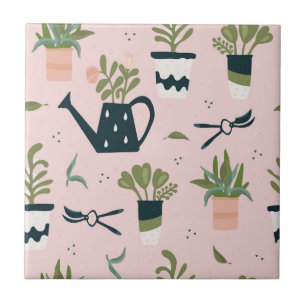 Whimsical Pink Gardening Printed Pattern Tile