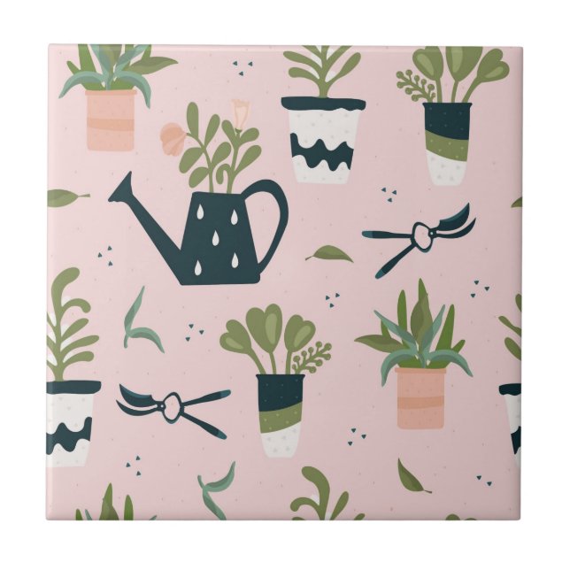 Whimsical Pink Gardening Printed Pattern Tile (Front)