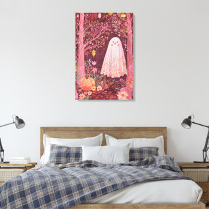 Whimsical Pink Ghost in Enchanted Floral Forest Canvas Print
