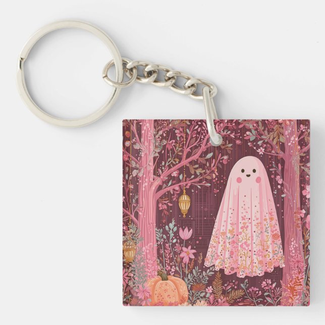 Whimsical Pink Ghost in Enchanted Floral Forest Key Ring (Front)