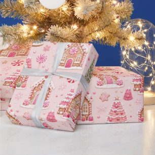 Whimsical Pink Gingerbread Christmas Village Wrapping Paper