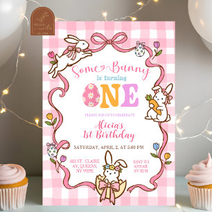 Whimsical Pink Gingham Bunny 1st Birthday Invitati Invitation