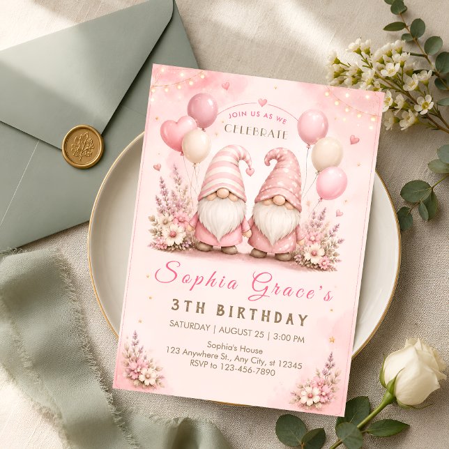 Whimsical Pink Gnome 3rd Birthday Invitation (Creator Uploaded)