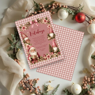 Whimsical Pink Gnome Santa Vintage Gingham TMF26 Holiday Card