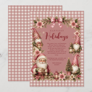 Whimsical Pink Gnome Santa Vintage Gingham TMF26 Holiday Card
