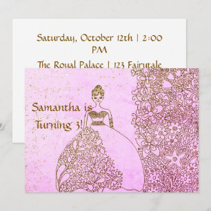Whimsical Pink Gold Princess Girl Birthday  Invitation