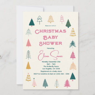 Whimsical Pink & Green Christmas Tree Baby Shower Invitation