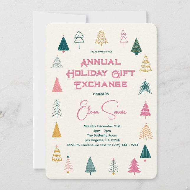 Whimsical Pink Green Christmas Tree Gift Exchange Invitation (Front)